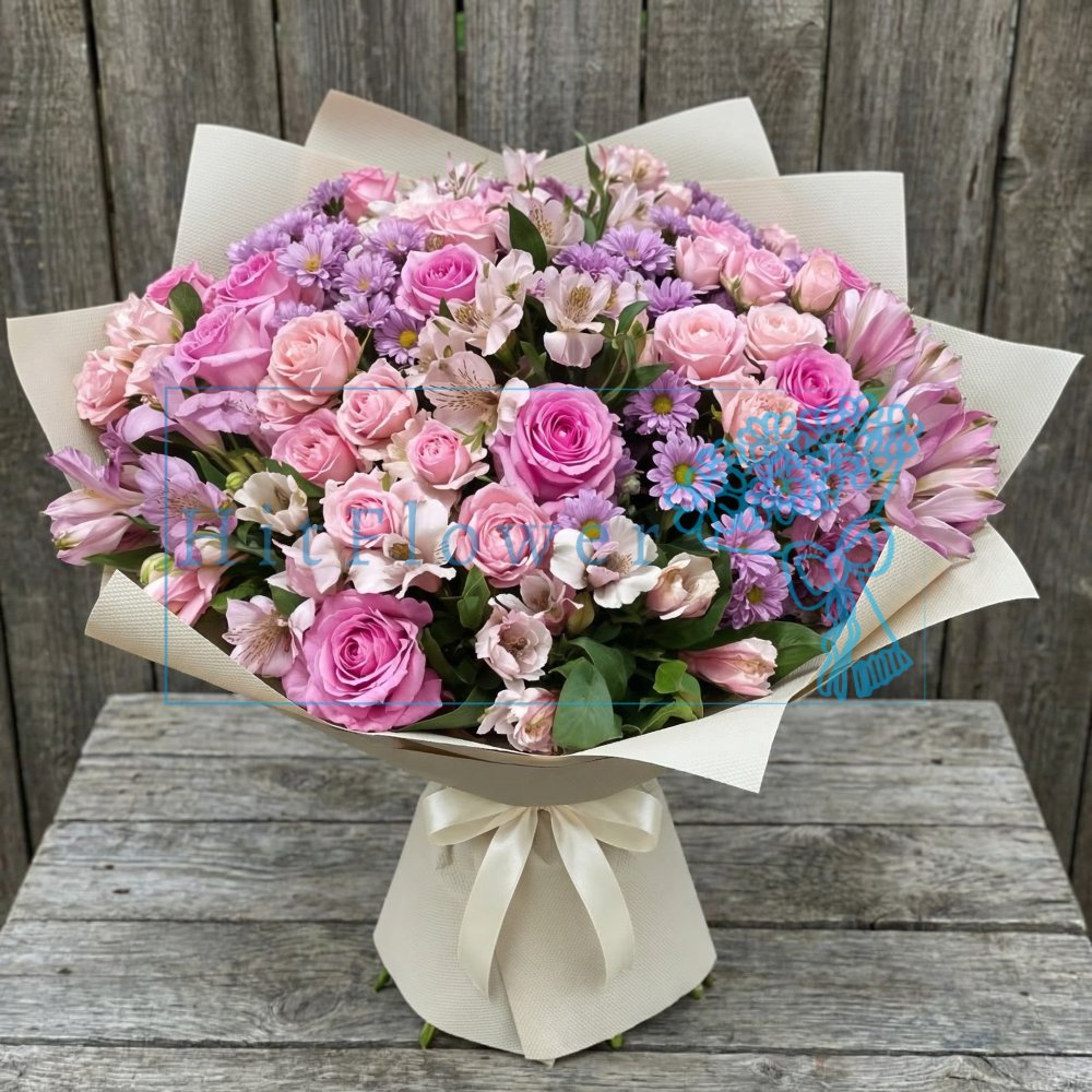 Элитный букет цветов из: Хризантемы, Альстромерии и Розы